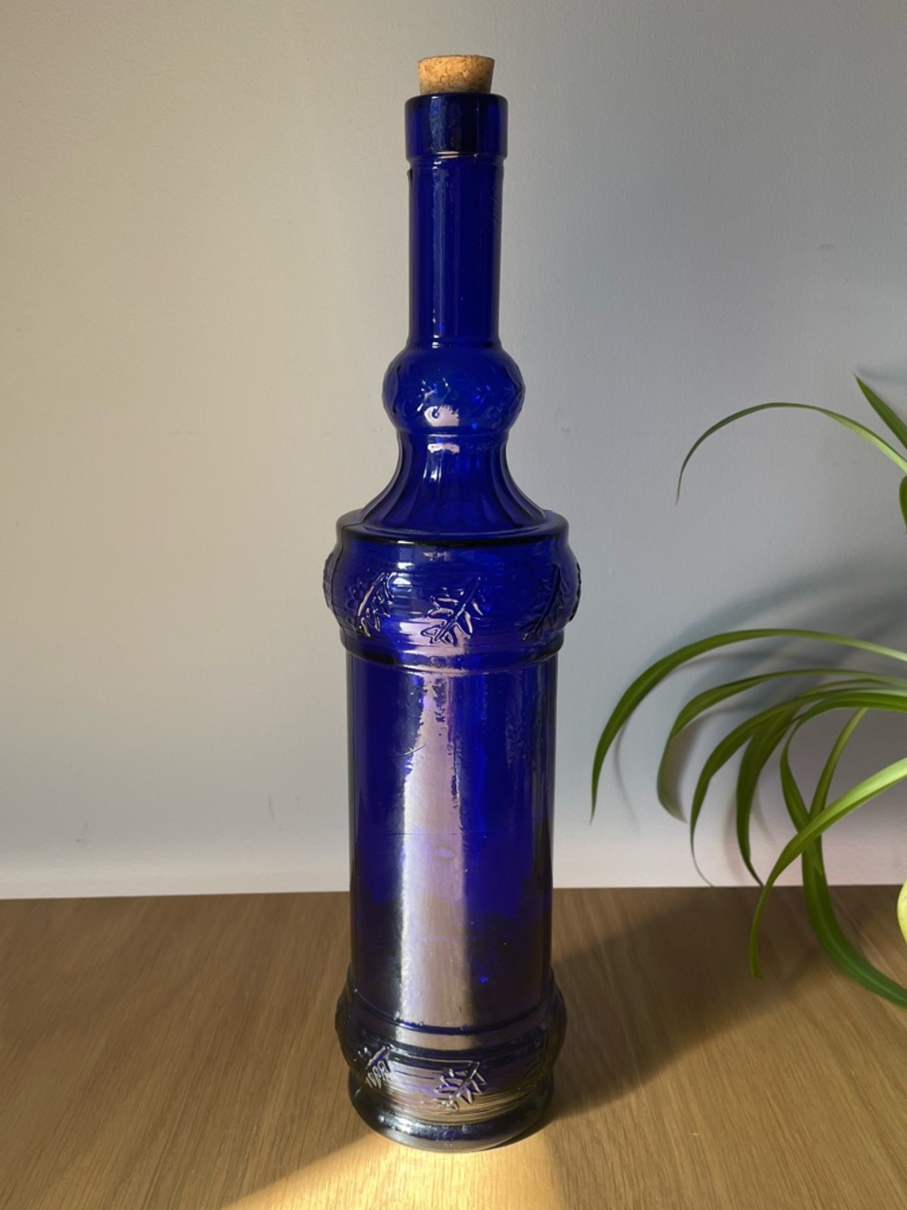 Vintage Midcentury Cobalt Blue Glass Decanter Bottle Embossed Leaf Design 13”